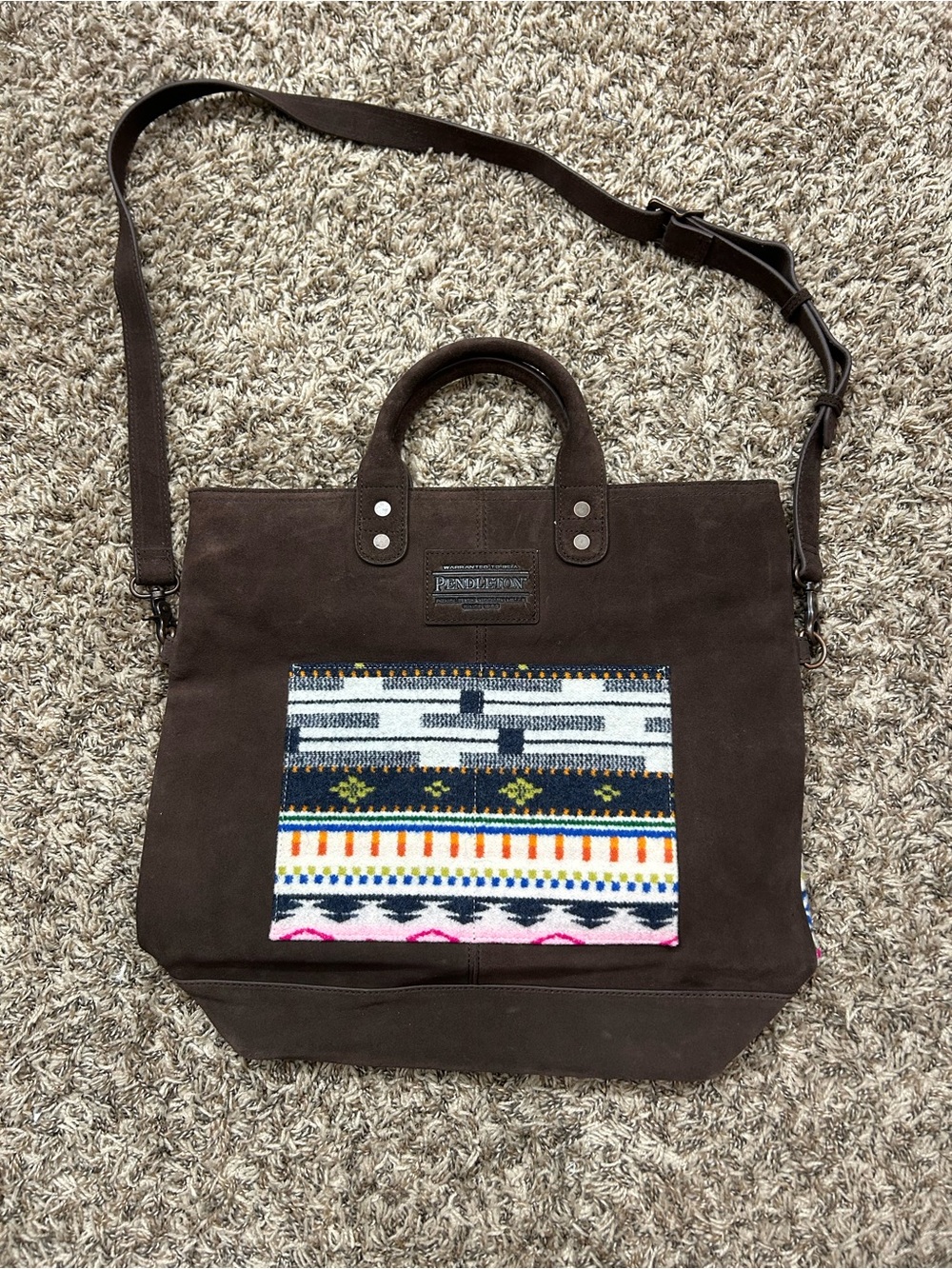 Pendleton Brown Suede Messenger Tote with Multicolor Patterned Pocket and back